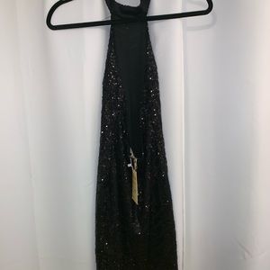 Black sequence halter low back dress